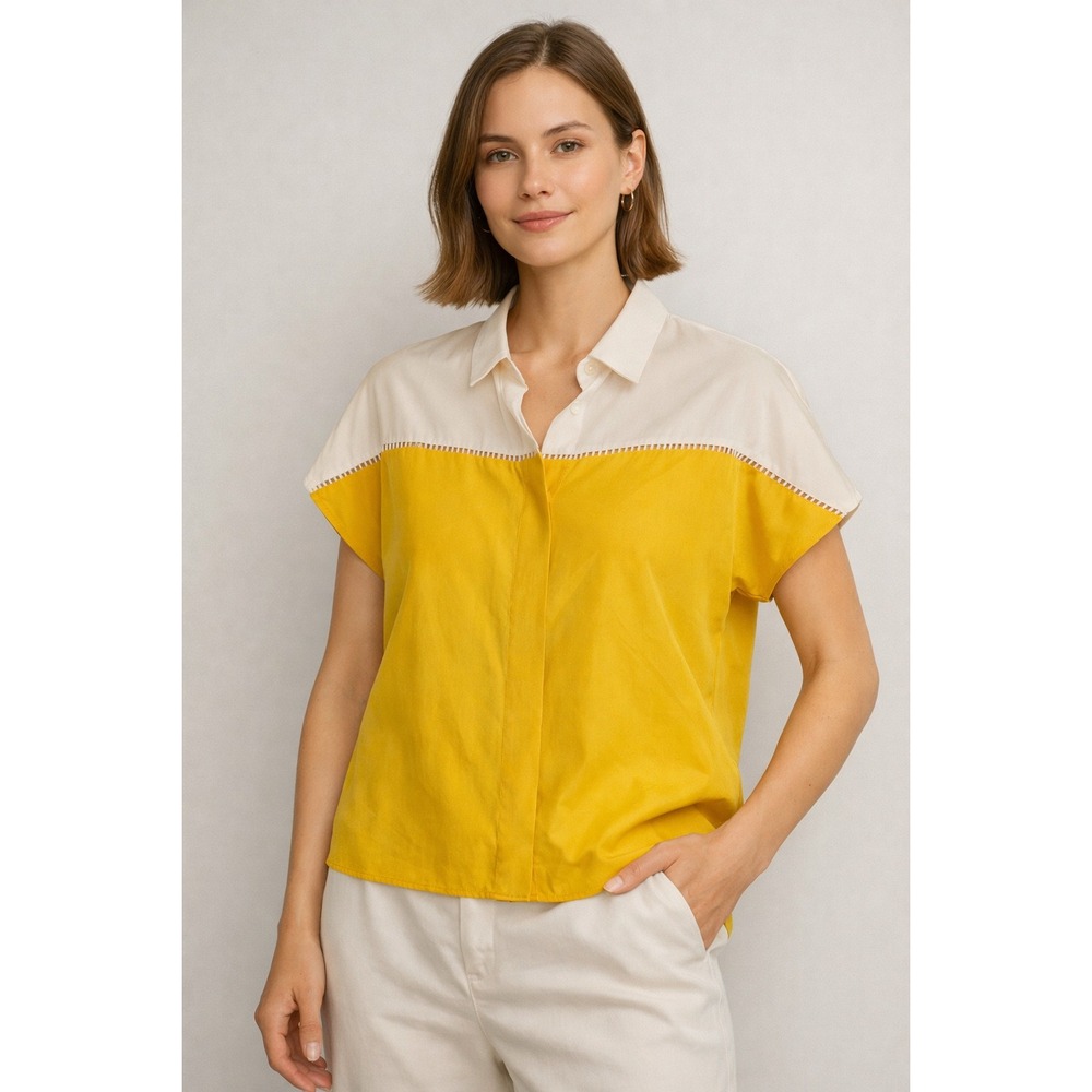 COS 100% Silk‎ Colorblock Blouse Yellow Ivory Short Sleeve Button Front